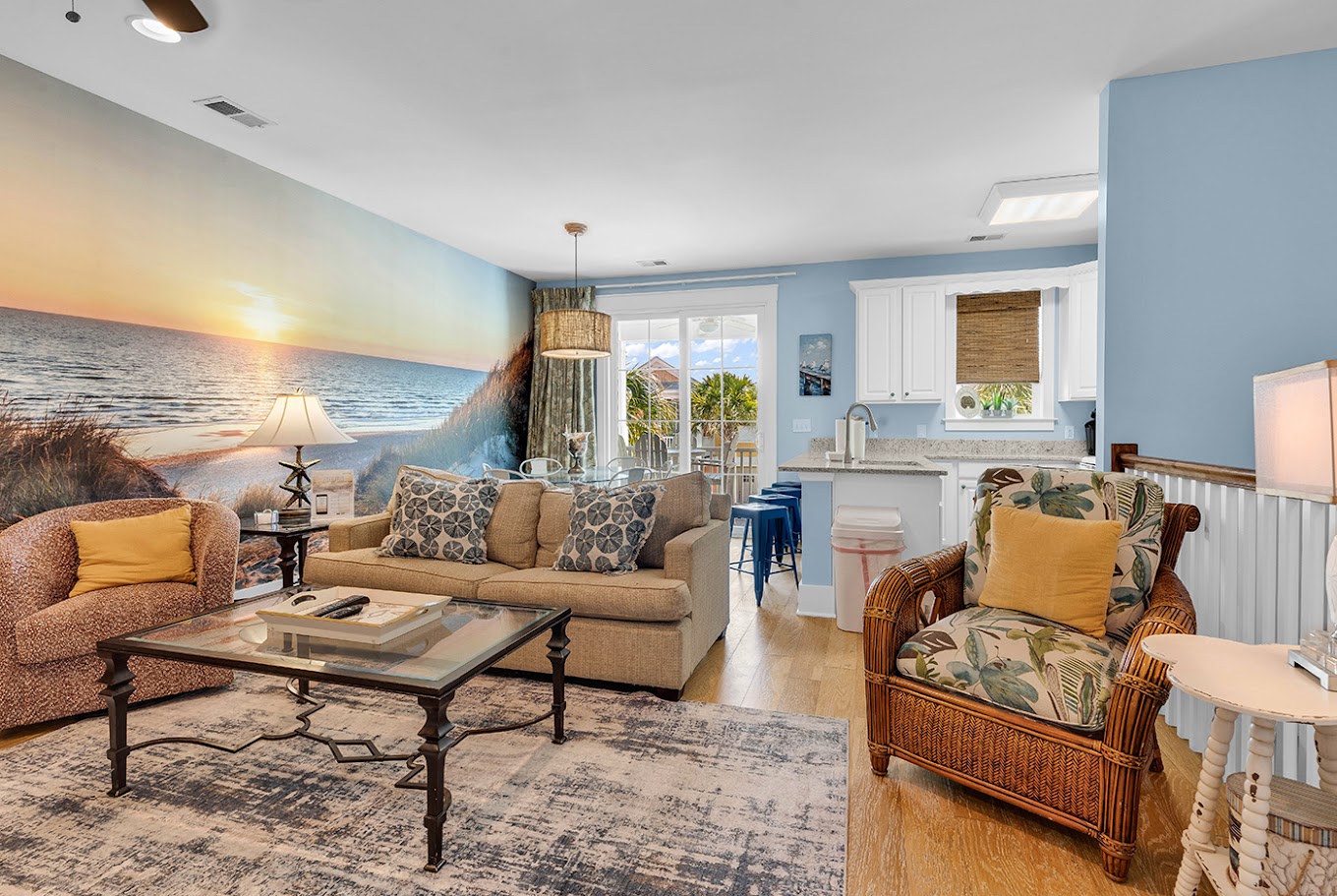 Living room with sunset mural